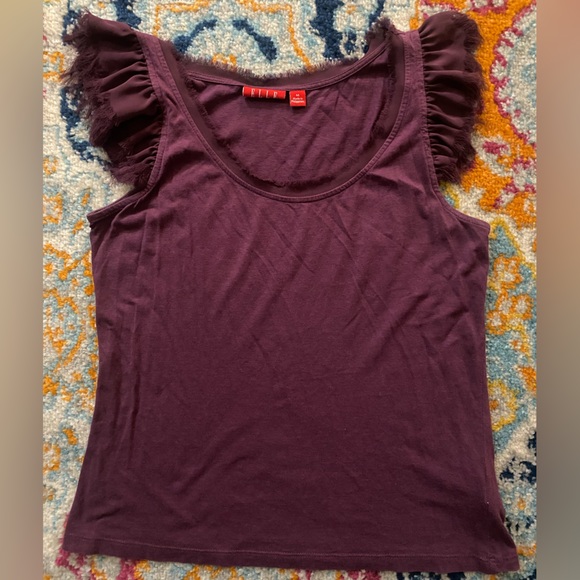 SOLD! ELLE Solid Plum Purple Fringe Detail Ruffle Flutter Sleeve Top M - Picture 2 of 11